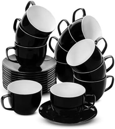 BTaT- Cappuccino Cups with Saucers 8 oz, Set of 12, Black Porcelain Coffee Cup and Saucer Set for Latte, Mocha, Tea, Au Lait, Flat White, Dishwasher, Microwave, Freezer and Oven Safe by BrewToATea