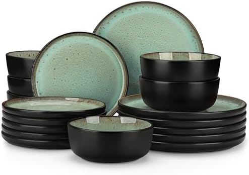 vancasso Plates and Bowls Sets, 18 Pieces Stoneware Dinnerware Sets for 6, Kitchen Dish Set Mircowave and Dishwasher Safe Ceramic Dishware, Turf Green, Series AMBER by vancasso