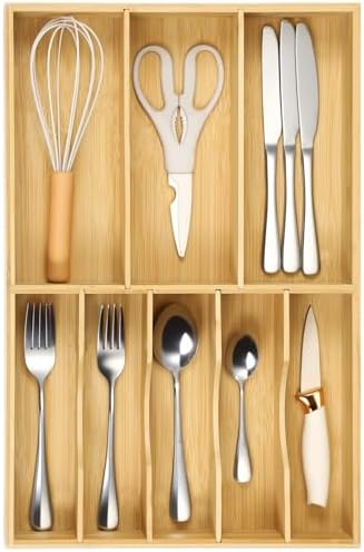 Fabsome Silverware Organizer for Kitchen Drawers, 2.5'' Deep 12.8'' Wide Bamboo Wood Flatware Tray with Deep Slots for Large Cutlery Utensil Drawer by Fabsome