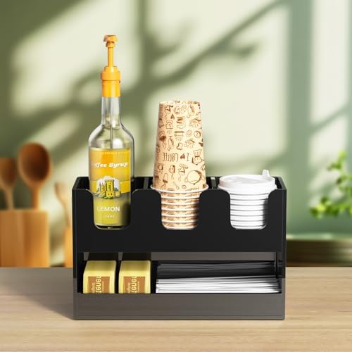 Beego 4-Compartment Cup Holder for Countertop - 2-Tier Black Acrylic Cup Dispenser Coffee Station Paper Cup and Lid Organizer Condiment Storage for Restaurant Breakroom Kitchen Bar Accessories - Image 6