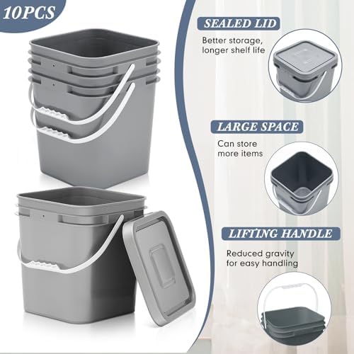 Mumufy 10 Pcs 3.5 Gallon Food Grade Bucket with Lid, Square, Grey - Image 3