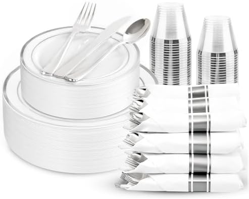 WDF Partyware 175PCS Sliver Plastic Plates - Silver Plates Disposable - White Plate with Silver Trim 25Guests Plastic Dinnerware Sets with Rolled Napkins for Wedding Baby Shower Spring Birthday by WDF