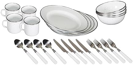 Stansport Deluxe 24-Piece Enamel Tableware Set - Enamel Plates and Bowls Lightweight and Durable Camp Dish Set for Camping and Backpacking Plates and Bowls for 4 People by Stansport