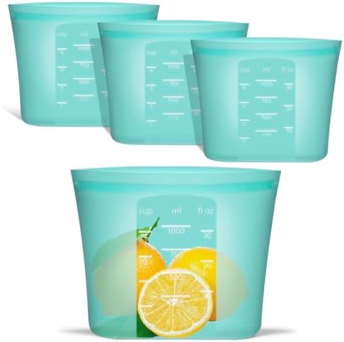 Reusable Freezer Bags Quart Size, 4 Pack, 100% Silicone Stand Up Ziplock Reusable Silicone Food Storage Bags Sandwich Bags Containers, Freezer Microwave Oven Dishwasher Safe, Aqua, 33.8fl.oz by Annaklin