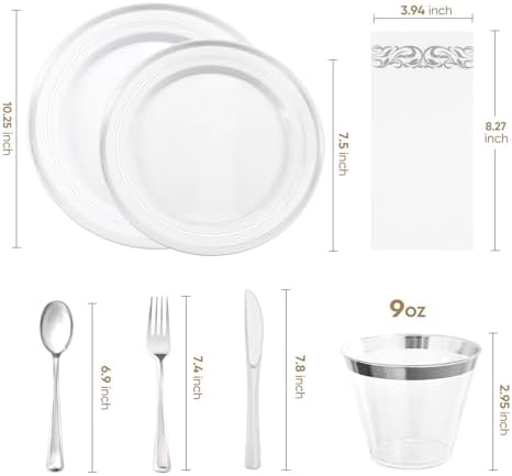 350-Piece Silver Rim Plastic Dinnerware Set for 50 Guests, Elegant Disposable Dinnerware for Party, Wedding, Includes Dinner Plates, Dessert Plates, Silverware, Napkins, Cups - Image 2