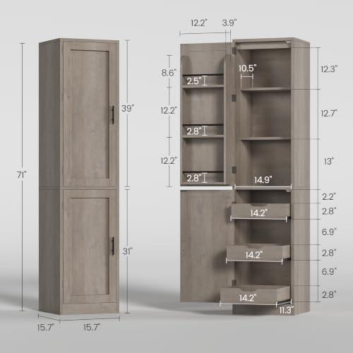 Itaar Narrow Kitchen Pantry Cabinet with 3 Door Shelves & 3 Drawer, Grey - Image 2
