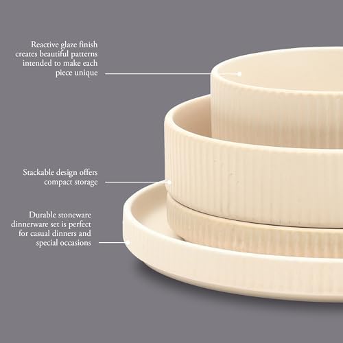 Gibson Elite Deerfield 16-Piece Stoneware Dinnerware Set – Cream White Reactive Glaze Plates and Bowls, Stackable Design, Service for 4 – Dishwasher & Microwave Safe - Image 3