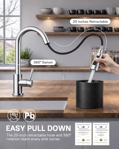 WEWE Pull-Down Kitchen Faucet with 3 Mode Sprayer, Polished Chrome - Image 3