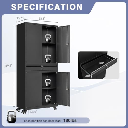Metal Garage Storage Cabinet with Wheels,Lockable Storage Cabinet with Adjustable Shelves and 1 Drawer,Rolling Tool Cabinet for Workshop Garage and School(Black) - Image 3