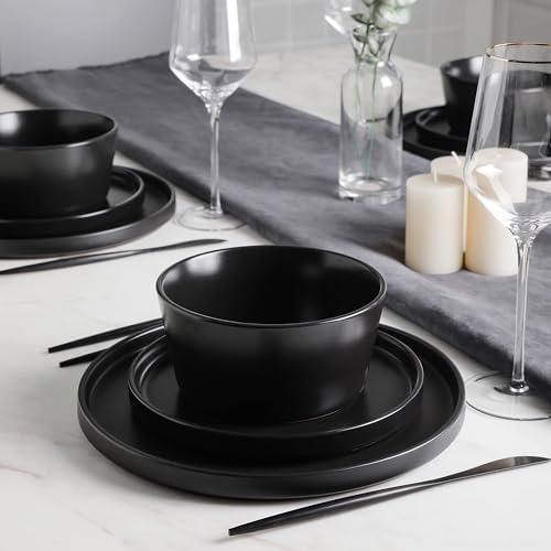 Stone Lain Celina Stoneware 32 Piece Modern Dinnerware Set, Plates and Bowls, Black Matte, Service for 8, Microwave & Dishwasher Safe - Image 4