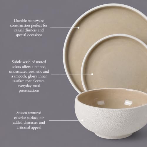Gibson Elite Pacifico Beach 12-Piece Stoneware Dinnerware Set, Reactive Glaze Plates & Bowls, Taupe, Artisan Stone-Textured Exterior - Image 3