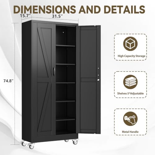 Metal Storage Cabinets with Wheels, Steel Tool Cabinets Lock Door and 5 Adjustable Shelves for Home Office, Garage, Kitchen (Black, 74.8" H) - Image 2