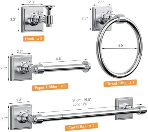 VEHCIL Polished Chrome Bathroom Towel Bar Set, 5 Piece Bathroom Hardware Accessory Set, SUS304 Stainless Steel 24" Towel Rack Holder Set for Bathroom, Wall Mounted - Image 2