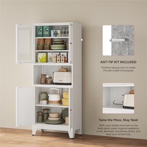 YAUWOH 69" Tall Metal Pantry Cabinet with Microwave Shelf, 2 Glass Doors & 3 Adjustable Shelves, 120LBS Per Shelf Heavy Duty Storage Cabinet with Anti-Tip Design for Kitchen,Dining Room (1PC,White) - Image 5