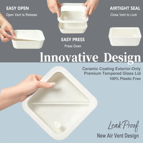 Urban Green Ceramic Coated Glass Food Storage Containers with Airtight Glass Lids, Small Round Meal Prep Container Set for Snacks, Sauces, 8oz and 15oz, Cream color - Image 3