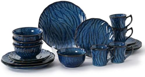Ceramic Dinnerware Sets for 4, 16 pcs Plates and Bowls Sets, Reactive Glaze Ceramic Dish Set, Scratch Resistant, Microwave & Dishwasher Safe, Highly Chip and Crack Resistant Dishware sets, Ocean Blue - Image 2