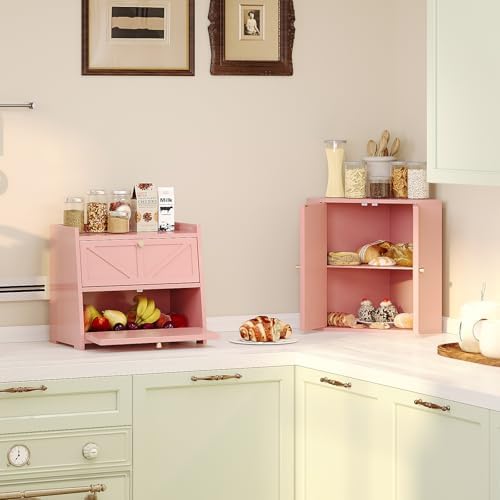 Trironsun Corner Bread Box for Kitchen Counter Double Layer Bamboo Bread Storage Container Large Capacity Bread Storage Bin Farmhouse Breadbox Organizer (Pink) - Image 3
