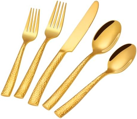 Silverware Set,Ollex 40-Piece Hammered Gold Flatware Cutlery Set for 8 Mirror Finished with Anti-rust stainless steel Spoon Knives Forks for Kitchen Hotel Party Modern Utensil Sets, Dishwasher Safe by OllexSilverwareSets