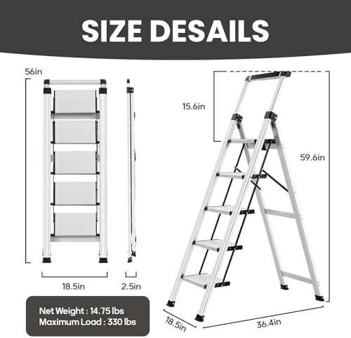 XinSunho 5 Step Ladder, Aluminum with Retractable Handrail, 330lbs Capacity - Image 2