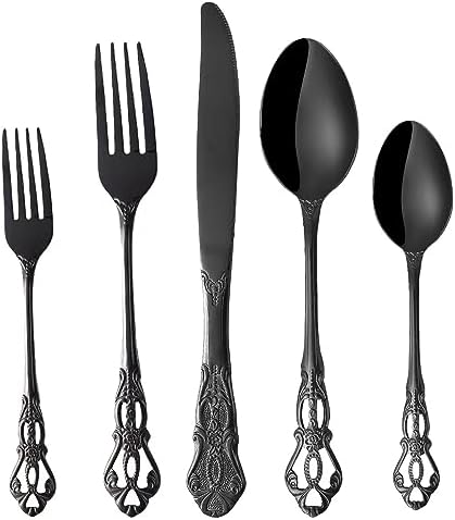 Black Silverware Set for 2, MIKIWAY 10 Pieces Stainless Steel Flatware Set, Cutlery Tableware Set, Kitchen Utensils Set Include Spoons And Forks Set, Mirror Polished, Dishwasher Safe by MIKIWAY