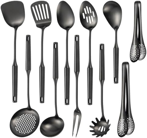 304 Stainlss Steel Matte Kitchen Utensils Set, 11 Pcs Long Metal Cooking Utensil Gadgets Tools Set with Spatula, Ladle, Spoon, Ladle, Skimmer, Tunner, Pasta Server, Tongs(Black, Dishwasher Safe) by Lazycorner
