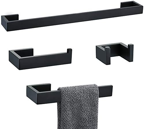 4 Pieces Bathroom Hardware Accessories Set Black Towel Bar Towel Holder Robe Hook Toilet Paper Holder Stainless Steel,Q8-P4BK by TNOMS