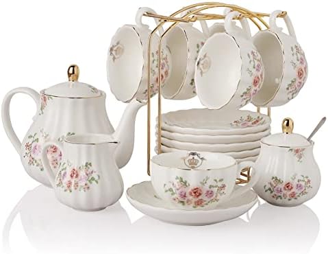 Porcelain Tea Sets British Royal Series, 8 OZ Cups & Saucer Service for 6, with Teapot Sugar Bowl Cream Pitcher Teaspoons and Tea Strainer, Suitable for High Tea, Wedding, Party（Rose Flower） by Sweejarco1949