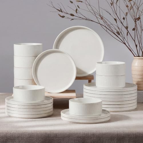 HaWare Dinnerware Sets, Plates and Bowls Set for 8, Speckled Ivory White by HaWare