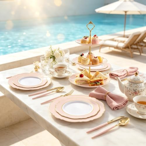 WDF 30Guest Pink Plates Disposable - Hign-end Baroque Design - Gold Plastic Silverware with Handle-Baroque Pink &Gold Plastic Dinnerware for Baby Shower/Wedding/Birthday/Summer Party - Image 5