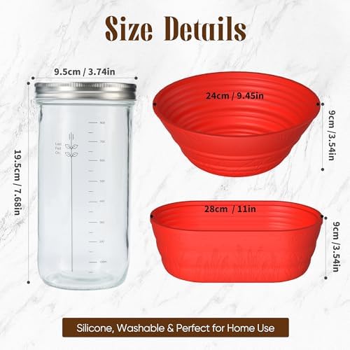 Sourdough Starter Kit with Jar – Complete Sourdough Bread Baking Supplies for Beginners, Includes 2 Silicone Proofing Baskets Baking Mat Sour Dough Kit - Red - Image 3