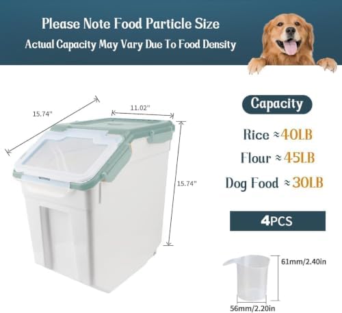 50LB Large Flour Storage Container Bin,4 Pack Airtight Plastic with Wheels Seal Locking Lid Dispenser Organizer Bin with Measuring Cup & Scoop for Flour, Rice, Grain 100LBS Total Capacity(Green) - Image 2