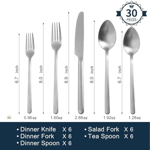 KINGSTONE 30 Pieces Silverware Set, Flatware Cutlery Set for 6, 18/10 Stainless Steel Silverware Utensils Minimalist Design Dishwasher Safe, Matte Silver - Image 2