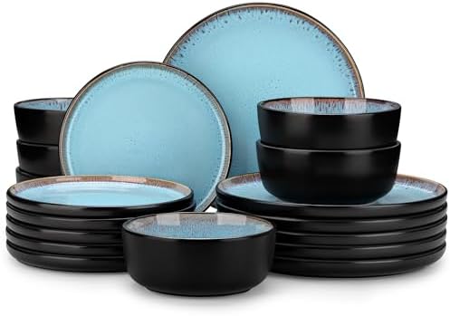 vancasso Plates and Bowls Sets, 18 Pieces Stoneware Dinnerware Sets for 6, Kitchen Dish Set Mircowave and Dishwasher Safe Ceramic Dishware, Blue, Series AMBER by vancasso