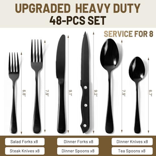 48 PCS NO-FADING Black Silverware Set with Steak Knives, Flatware for 8 - Image 4