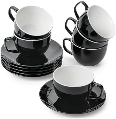 BTaT- Cappuccino Cups with Saucers 6 oz, Set of 6, Black Porcelain Coffee Cup and Saucer Set for Latte, Mocha, Tea, Au Lait, Flat White, Dishwasher, Microwave, Freezer and Oven Safe by BrewToATea
