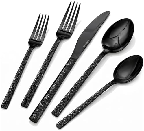 20 Piece Black Silverware Set,18/10 Stainless Steel Hammered Flatware for 4 by KINGSTONE