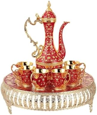 Turkish Tea Set Vintage Coffee Pot with Shiny Crystal Tray and 6 Cups for Home Party Table Decor Red by SEEKRARE