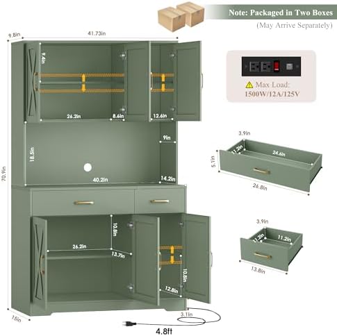 HOSTACK 71"H Kitchen Pantry Storage Cabinet, Farmhouse Hutch Cabinet, Green - Image 3