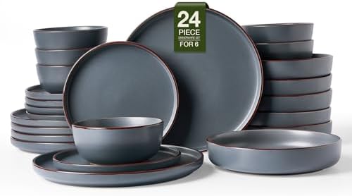 Famiware Mercury 24-Piece Dinnerware Set with Pasta Bowls, Charcoal by Famiware