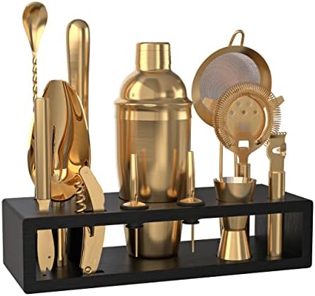 Highball & Chaser Bartender Kit with Espresso Bamboo Stand. Beautiful Cobbler Cocktail Shaker Set with Bar Tools Rustproof Stainless Steel Bar Set (Matte Gold) by HighballChaser