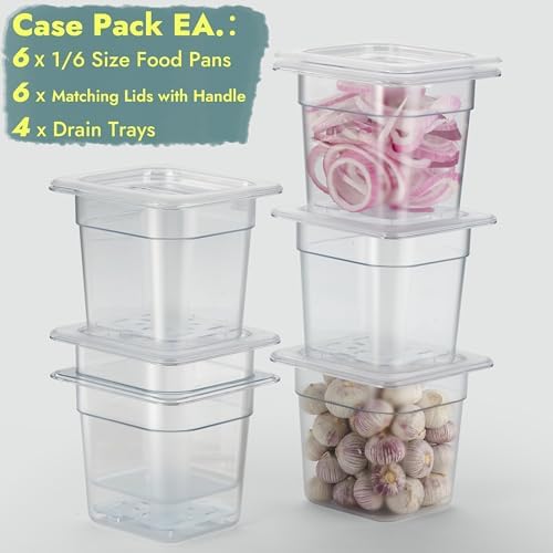 CURTA 6-Pack 1/6 Size 6" Deep NSF Polycarbonate Food Pans with Handled Lids & Drain Trays | Dishwasher & Freezer Safe Clear Container for Prep Tables, Buffet, Salad Bar, Commercial & Home Kitchen - Image 3