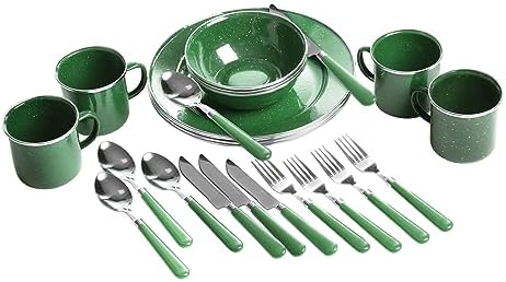 Stansport Deluxe 24-Piece Enamel Tableware Set - Enamel Plates and Bowls Lightweight and Durable Camp Dish Set for Camping and Backpacking Plates and Bowls for 4 People by Stansport