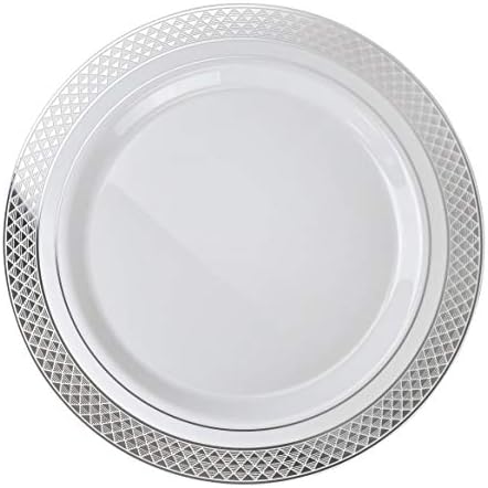 OCCASIONS 240 Plates Pack,(120 Guests) Heavyweight Premium Wedding Party Disposable Plastic Plates Set -120 x 10.5'' Dinner + 120 x 7.5'' Salad/Dessert (Celebration in White & Silver) - Image 2