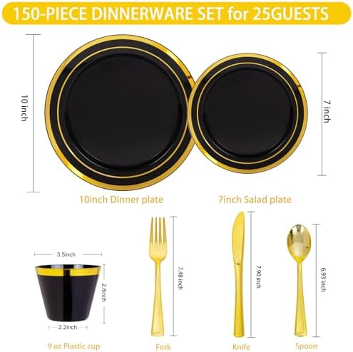 WELLIFE Black and Gold Plates, Plastic Dinnerware Set for 25 Guests - Image 6