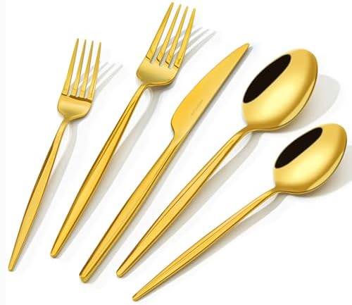 18/10 Silverware Set for 4, 20 Piece Gold Stainless Steel Flatware Cutlery by KINGSTONE
