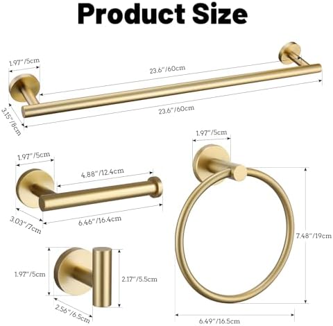 5 Pieces Brushed Gold Bathroom Hardware Accessories Set SUS304 Stainless Steel Gold Towel Bar Holder Set, 23.6Inch Towel Racks for Bathroom, Robe Towel Hooks, Toilet Paper Holder Wall Mounted - Image 6