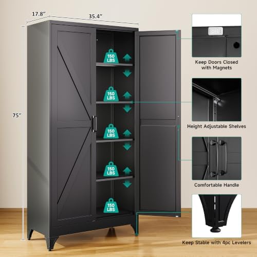 SISESOL 75" Tall Pantry Cabinet,Wide & Deep Farmhouse Kitchen Pantry Storage Cabinets with 2 Doors and 5 Shelves,Black Metal Storage Cabinet,Large Cupboard for Home,Kitchen,Dining/Living Room - Image 3