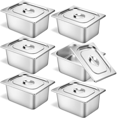 6 Pack Hotel Pans 1/2 Size 6" Deep Stainless Steel Steam Table Pan w/Lids by TSUBOR
