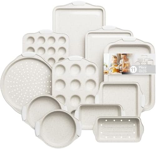11-Piece Kitchen Nonstick Stackable Bakeware Set, Baking Pans Set, White by SlowSLog