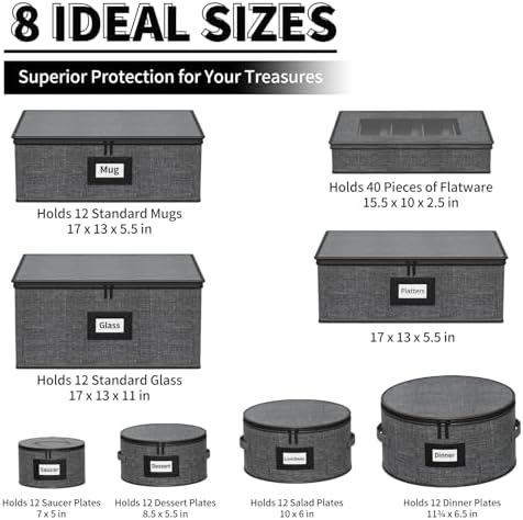 Aokeyee 8-Piece China Storage Containers Set, Hard Shell Moving Boxes for Dishes, Plates, Mugs, Wine Glass & Flatware – Dinnerware Organizer with Soft Felt Dividers, Sturdy Handles & Zippers, Grey - Image 2